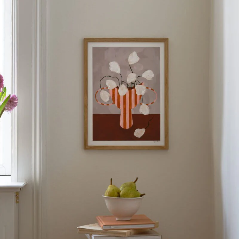 White Flowers in Striped Vase