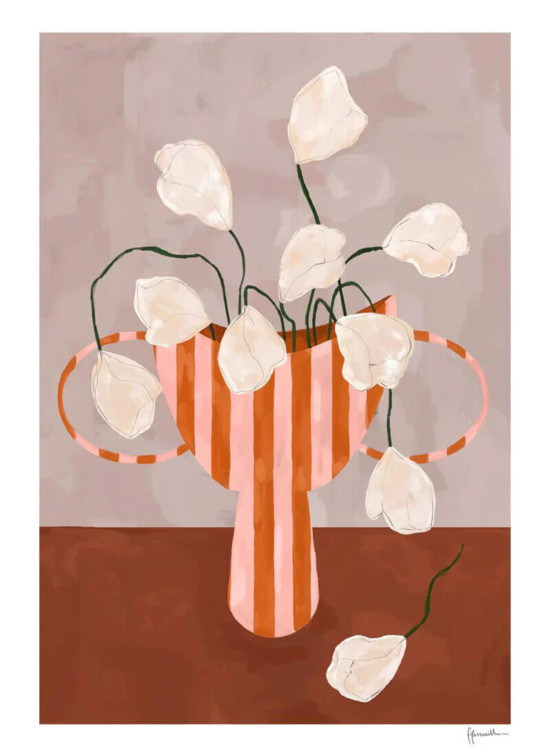 White Flowers in Striped Vase - Image 2